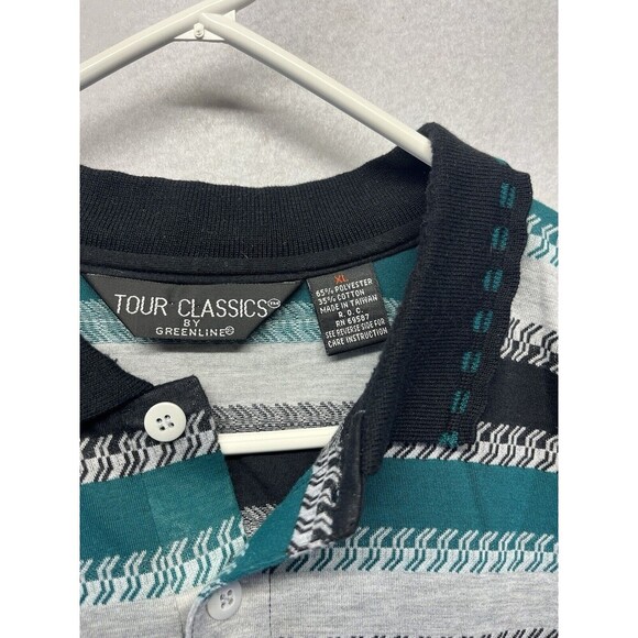 Vintage Tour Classics By Greenline Polo Shirt XL Blue Grey Stripe Single Stitch - Picture 3 of 6
